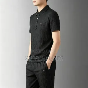 2pcs Mens Short Sleeve Polo T-Shirt + Long Pants Set - Black