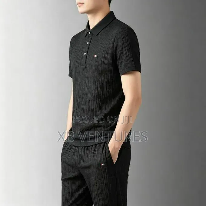 2pcs Mens Short Sleeve Polo T-Shirt + Long Pants Set - Black