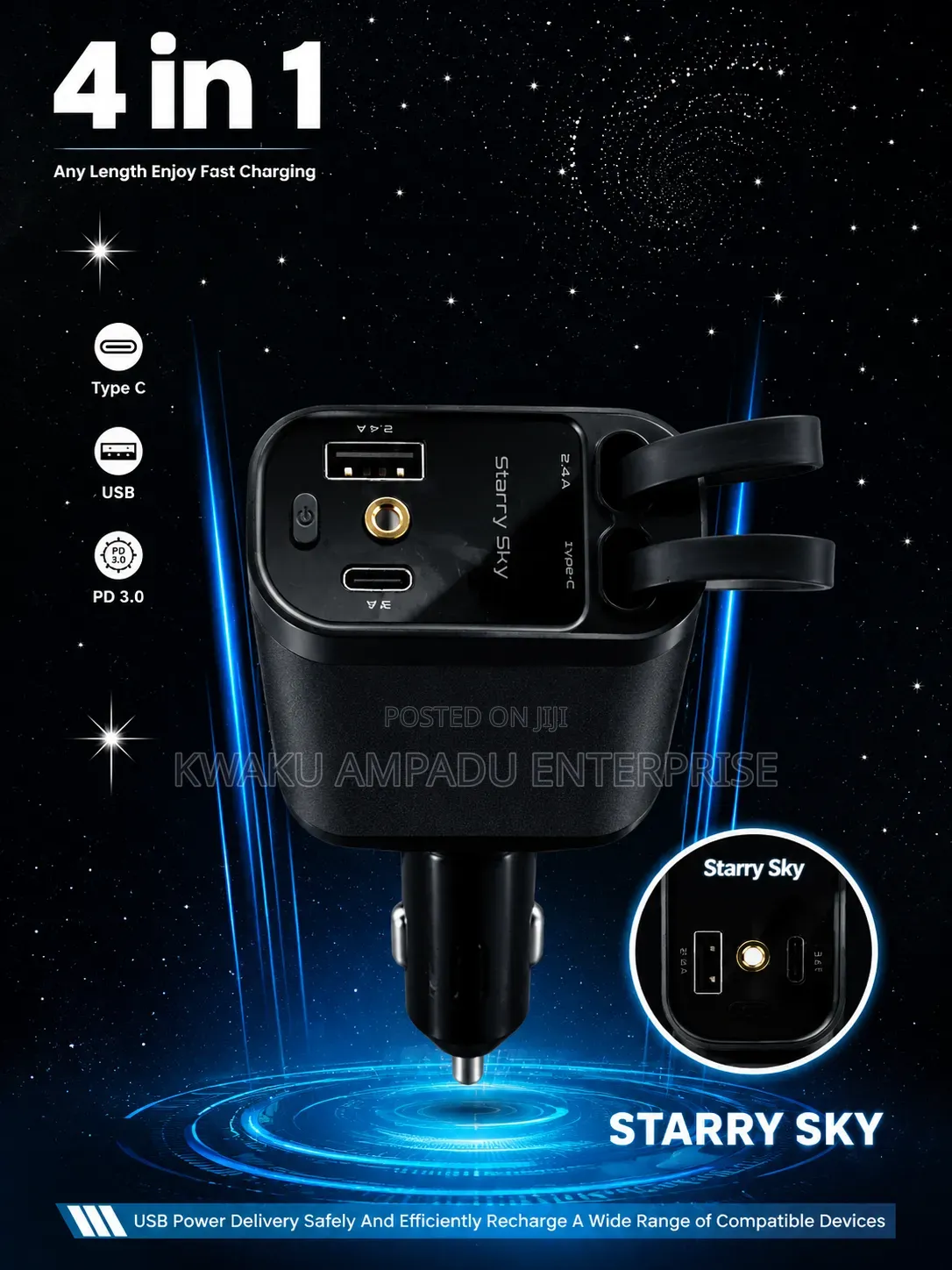 4-in-1 Fast Car Charger With Retractable Cable and Led Starlight