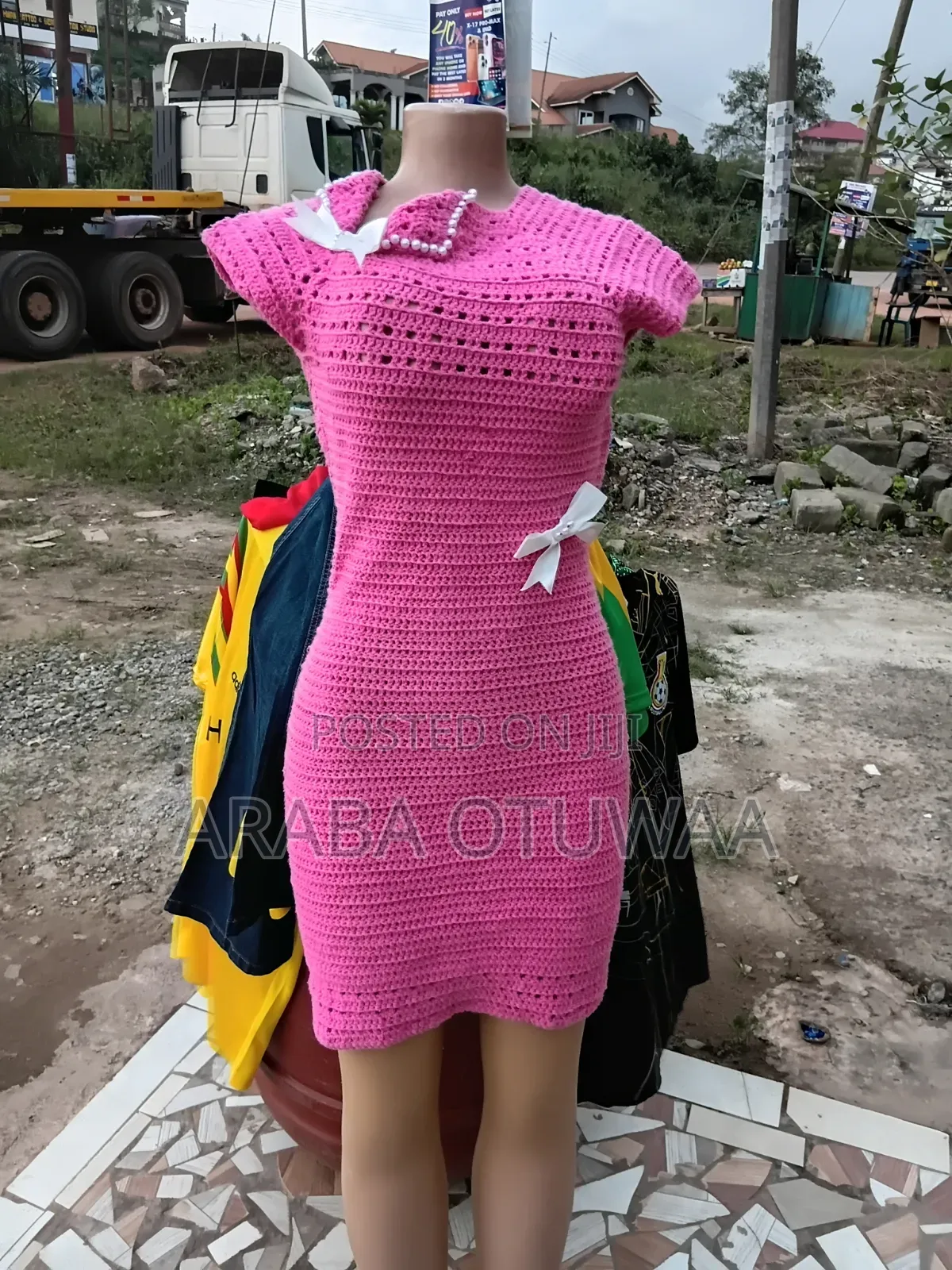 Elegant Pink Handmade Crochet Sheath Dress With Pearls