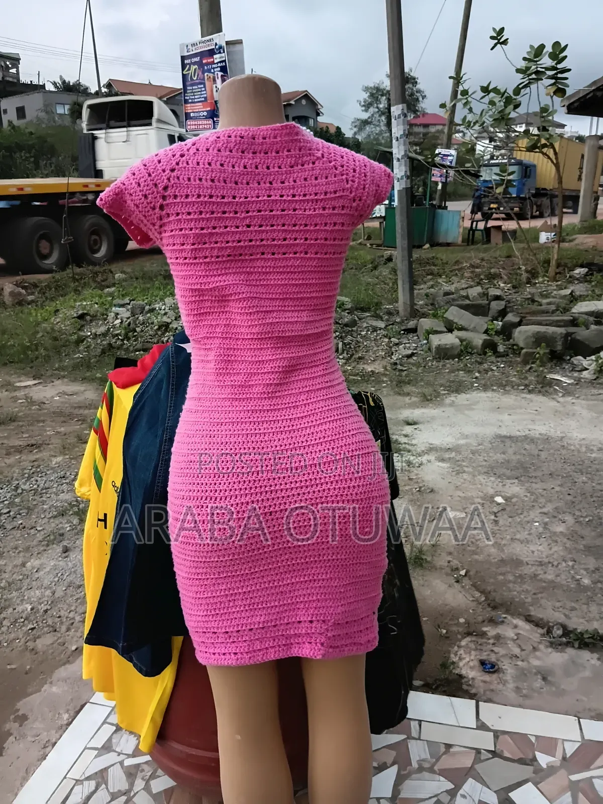 Elegant Pink Handmade Crochet Sheath Dress With Pearls