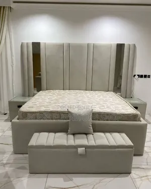 Mirror Queen Size Bed Frame With Side Drawers and Ottoman