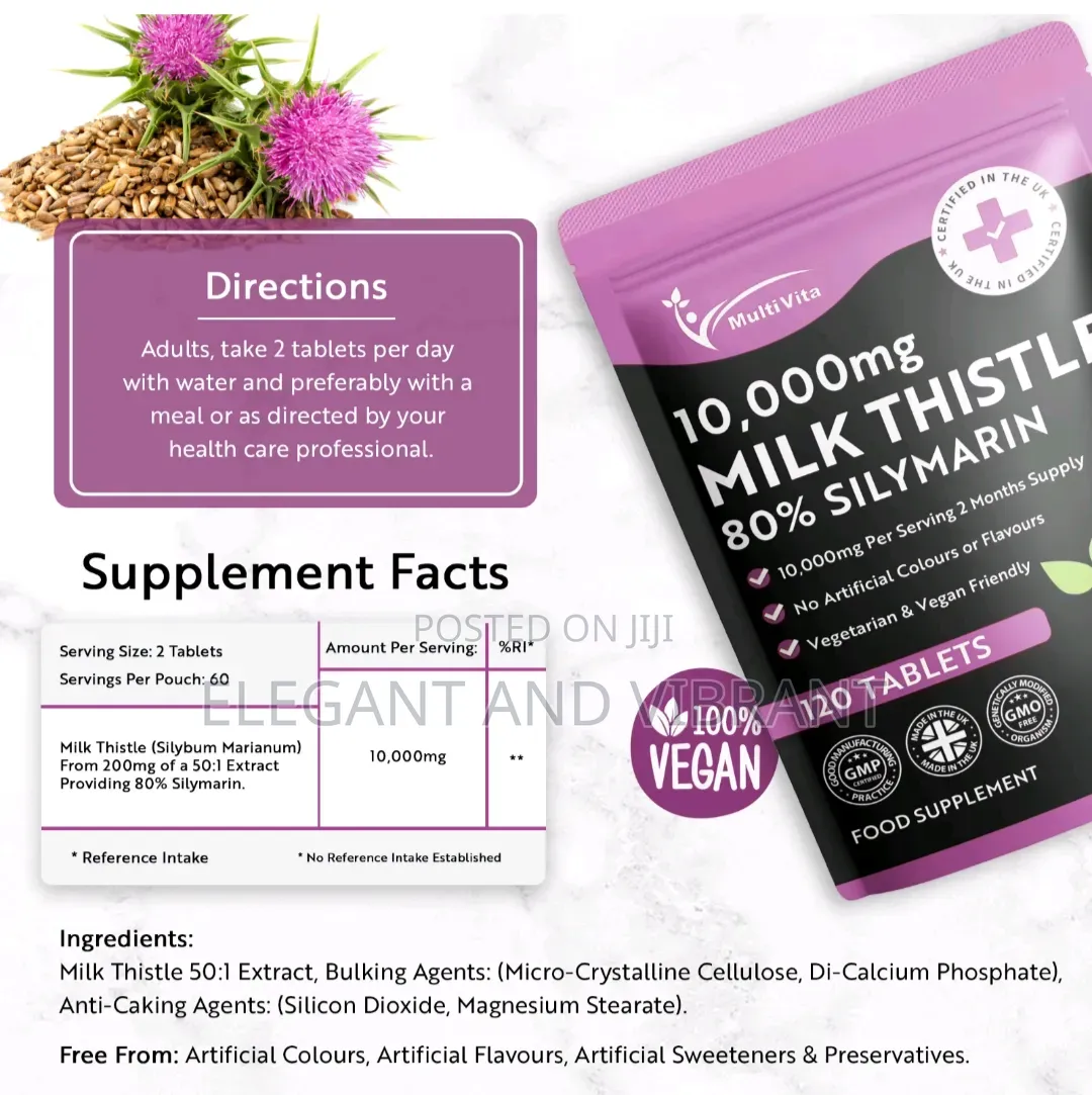 Milk Thistle 10,000mg - 120 Tablets High , 80% Silymarin 2 Months