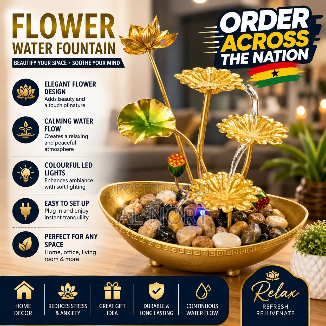Golden Lotus Indoor Water Fountain With Led Light