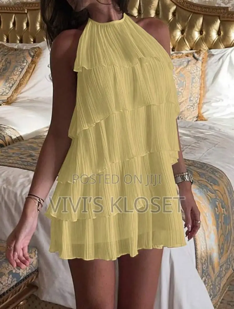 Woven Fabric Multi-Layered Ruffle Tie-Free Women's Short Dress