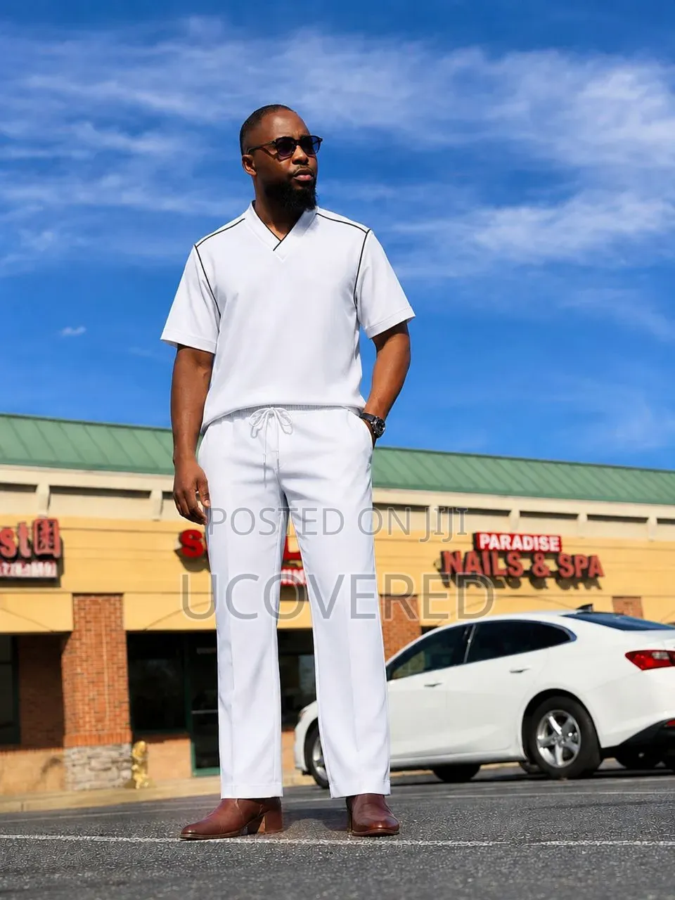 Two-Piece Set Features a Classic Polo Shirt and Matching Joggers