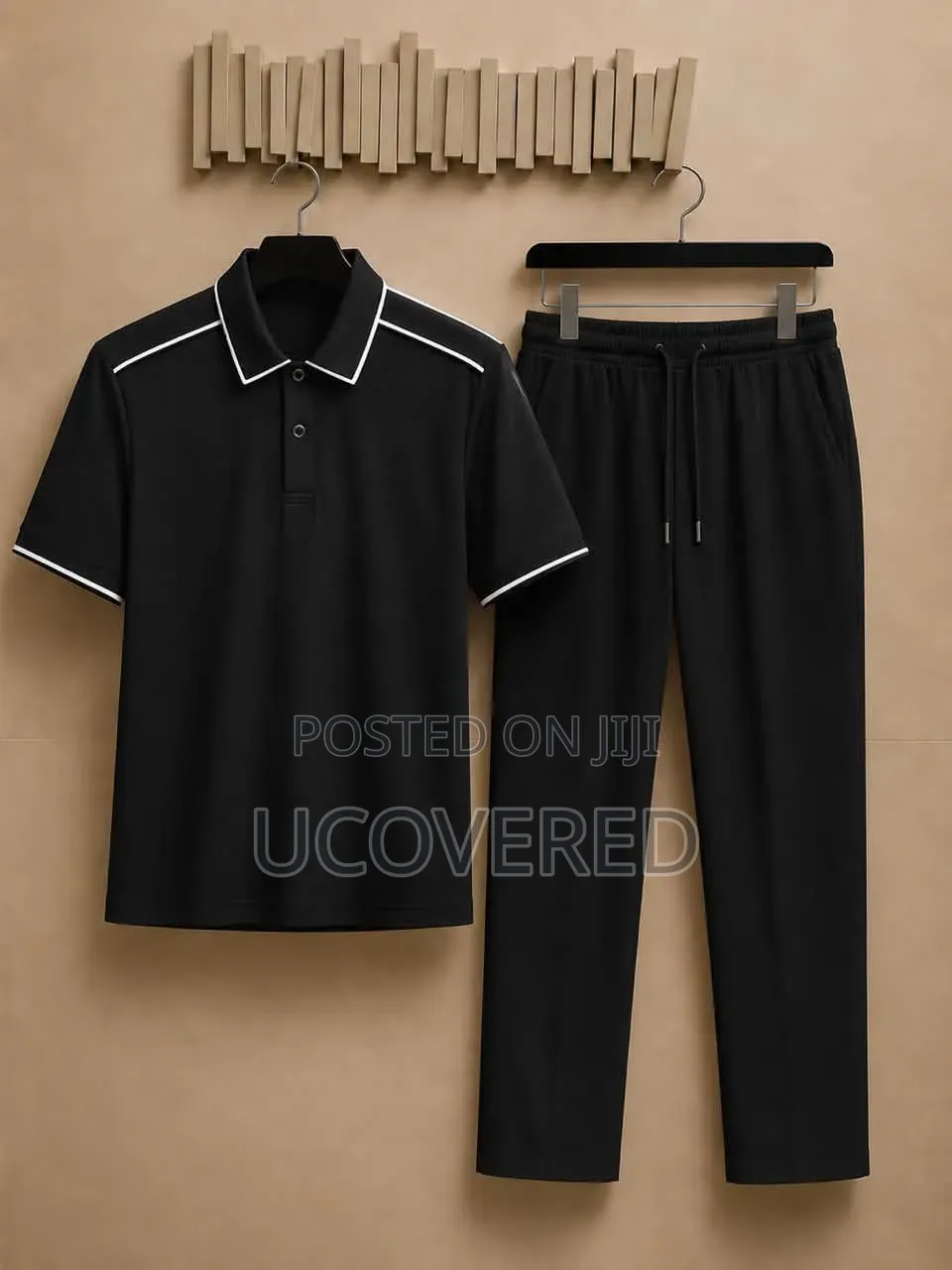 Two-Piece Set Features a Classic Polo Shirt and Matching Joggers