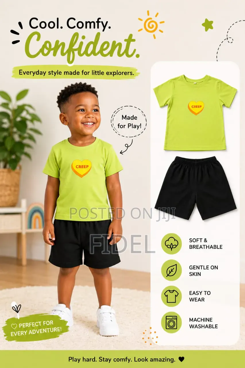 Trendy Unisex Kids 2-Piece Outfit – Cotton Top Polycotton Shorts