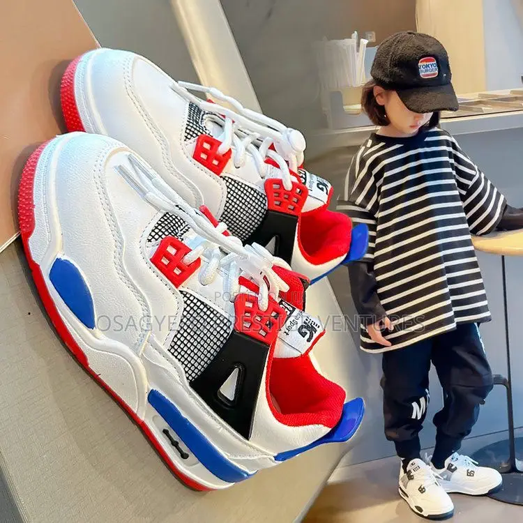Kids’ Jordan 4-Inspired Sneakers – White/Red/Blue