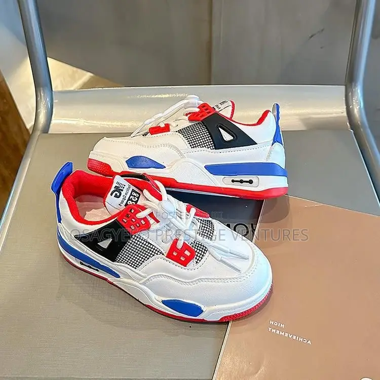 Kids’ Jordan 4-Inspired Sneakers – White/Red/Blue