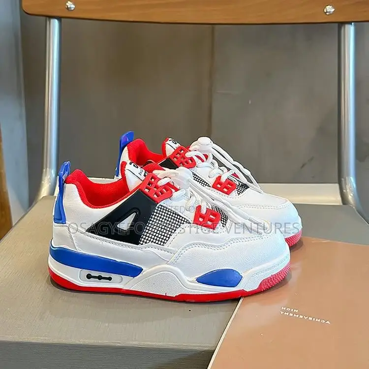 Kids’ Jordan 4-Inspired Sneakers – White/Red/Blue