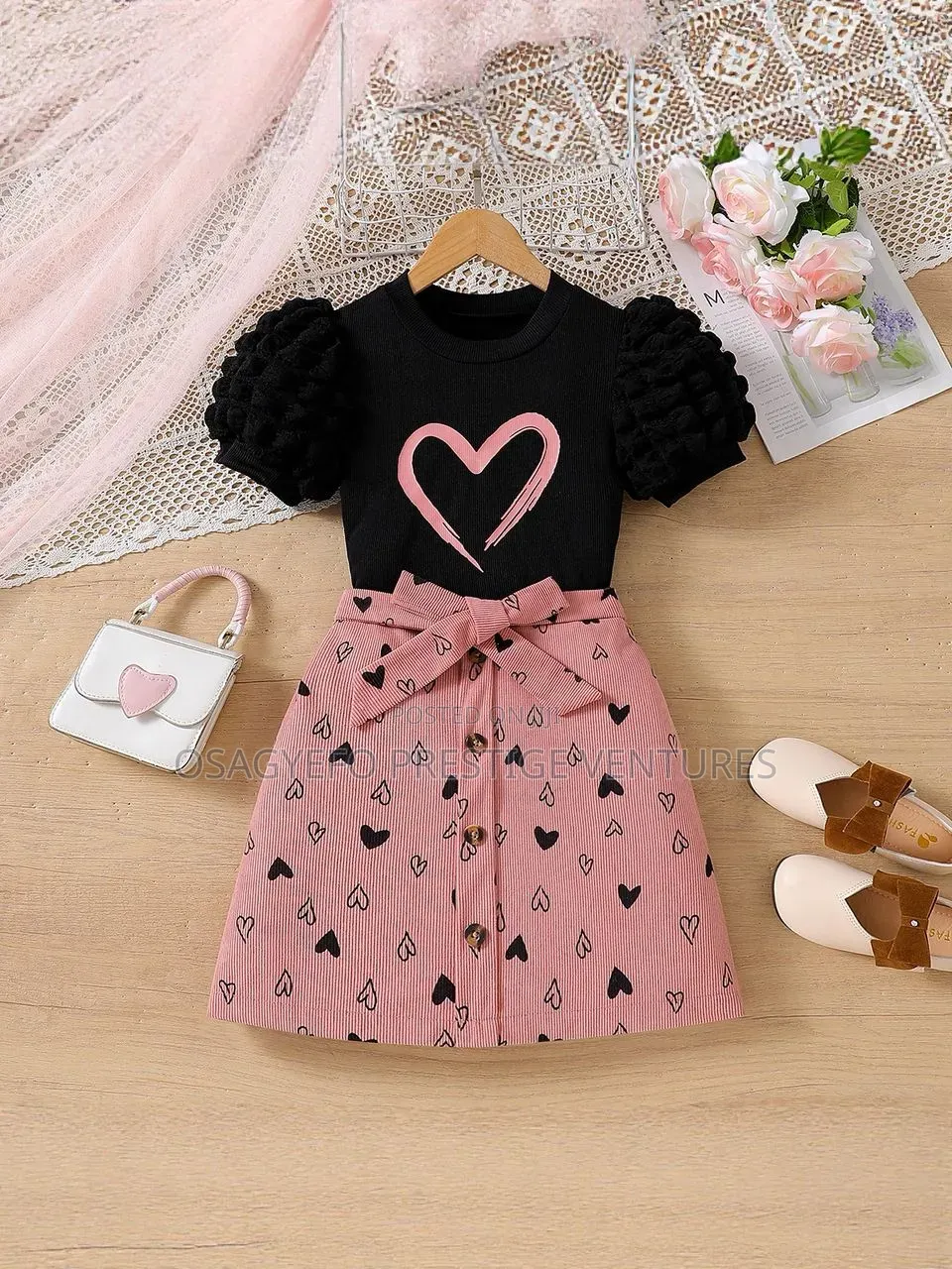 Girls' Heart Print Puff Sleeve Top Skirt Set