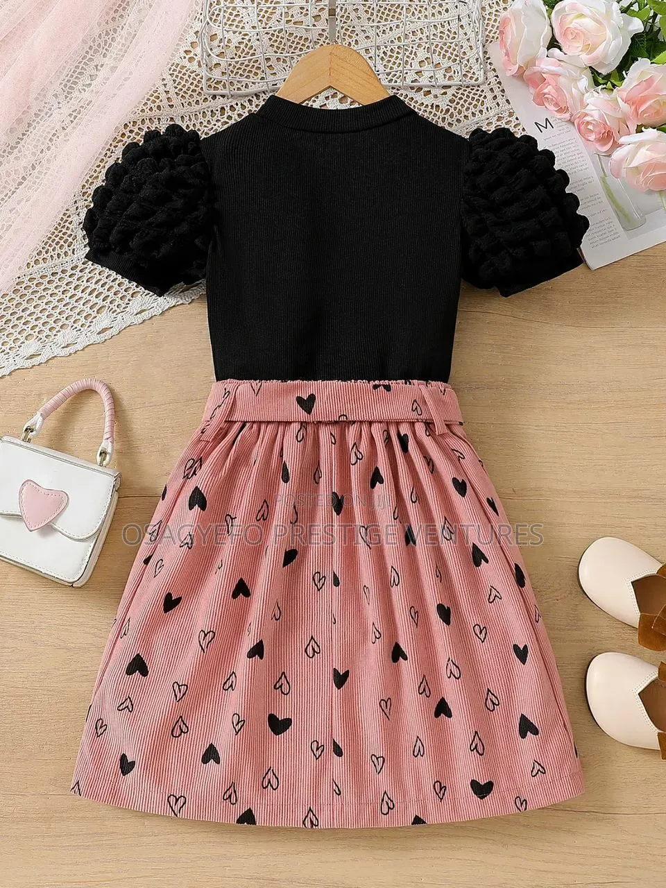 Girls' Heart Print Puff Sleeve Top Skirt Set