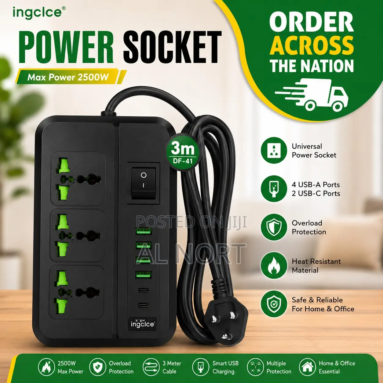 Ingcice Df-41 3m Power Socket – 2500w Multi-Socket Extension