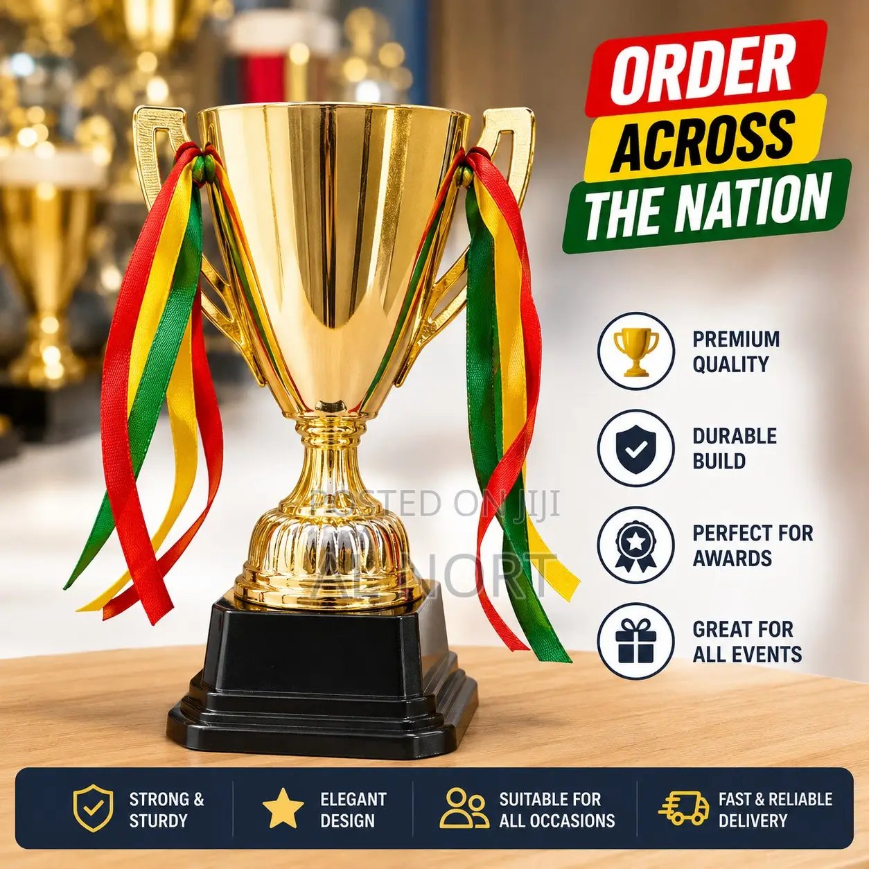 Gold Award Trophy Cup With Ghana Color Ribbons