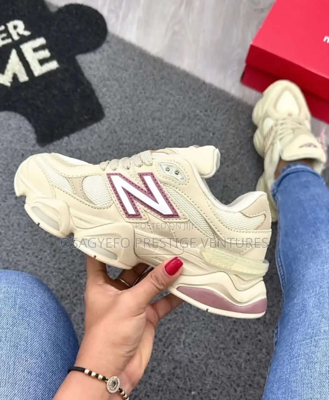 Ladies New Balance 9060 Cream/Pink Chunky Lifestyle Sneakers