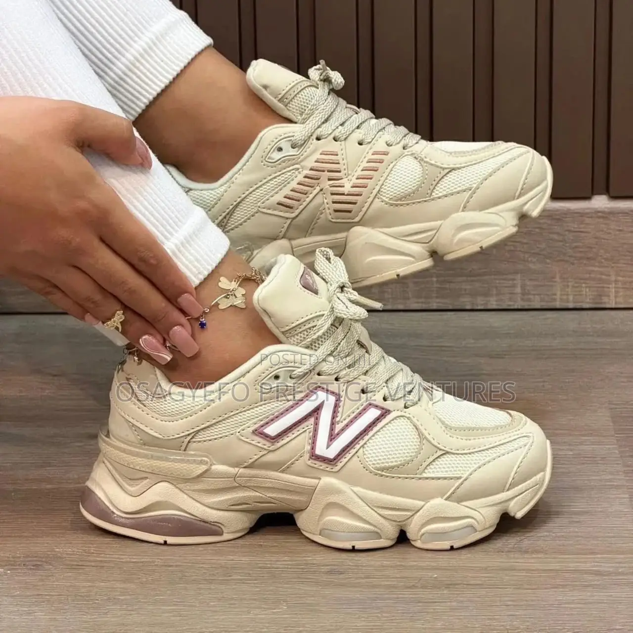Ladies New Balance 9060 Cream/Pink Chunky Lifestyle Sneakers