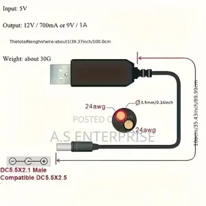 2-Piece USB 5v to 9v 12v Dc Step-Up Boost Adapter Cable Set