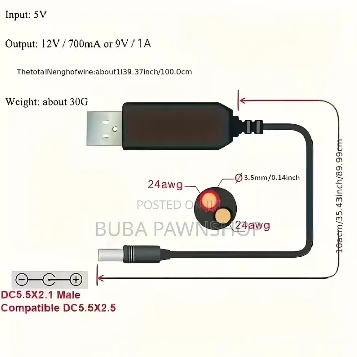 2-Piece USB 5v to 9v 12v Dc Step-Up Boost Adapter Cable Set