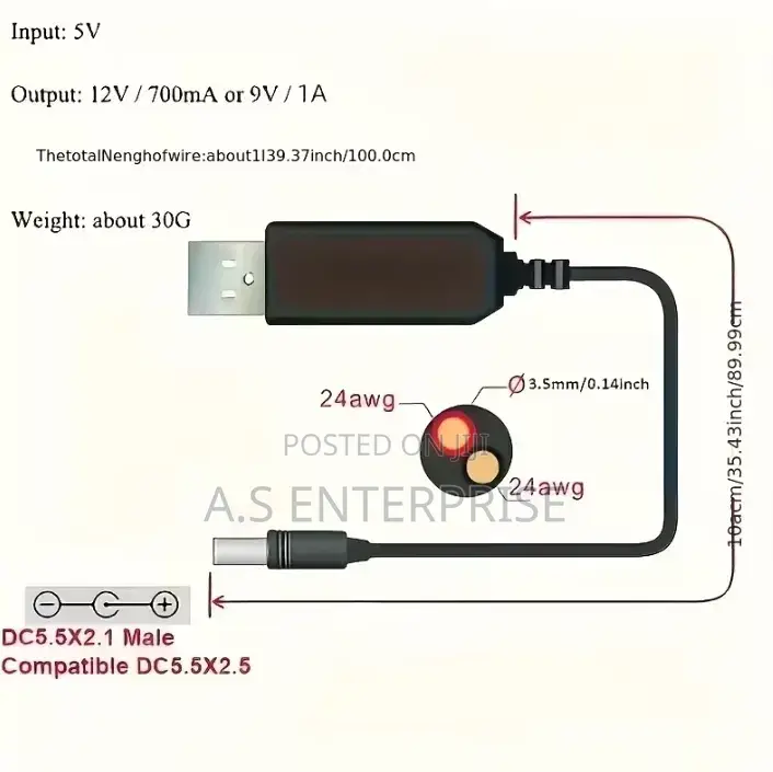 2-Piece USB 5v to 9v 12v Dc Step-Up Boost Adapter Cable Set