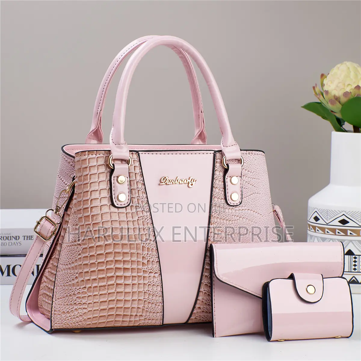 Elegant Black Crocodile-Pattern Handbag + Wallet