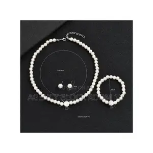 Ladies Artificial Pearl Necklace Bracelet Ear Stud Jewelry Set 3 in 1
