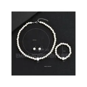 Ladies Artificial Pearl Necklace Bracelet Ear Stud Jewelry Set 3 in 1