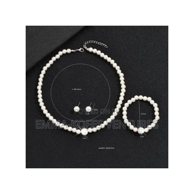 Ladies Artificial Pearl Necklace Bracelet Ear Stud Jewelry Set 3 in 1