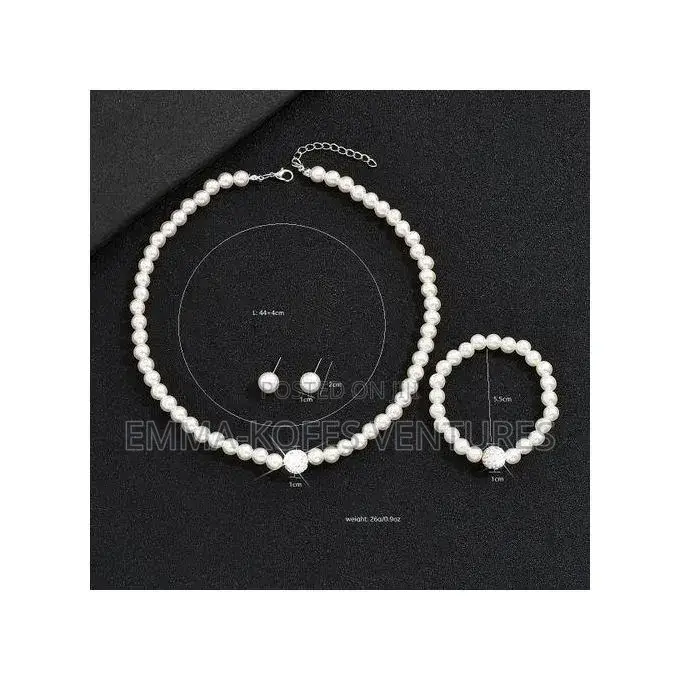 Ladies Artificial Pearl Necklace Bracelet Ear Stud Jewelry Set 3 in 1