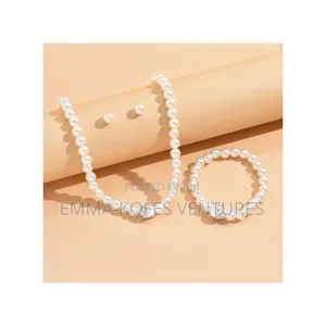 Ladies Artificial Pearl Necklace Bracelet Ear Stud Jewelry Set 3 in 1