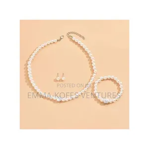 Ladies Artificial Pearl Necklace Bracelet Ear Stud Jewelry Set 3 in 1