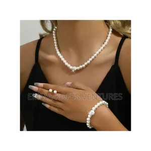 Ladies Artificial Pearl Necklace Bracelet Ear Stud Jewelry Set 3 in 1