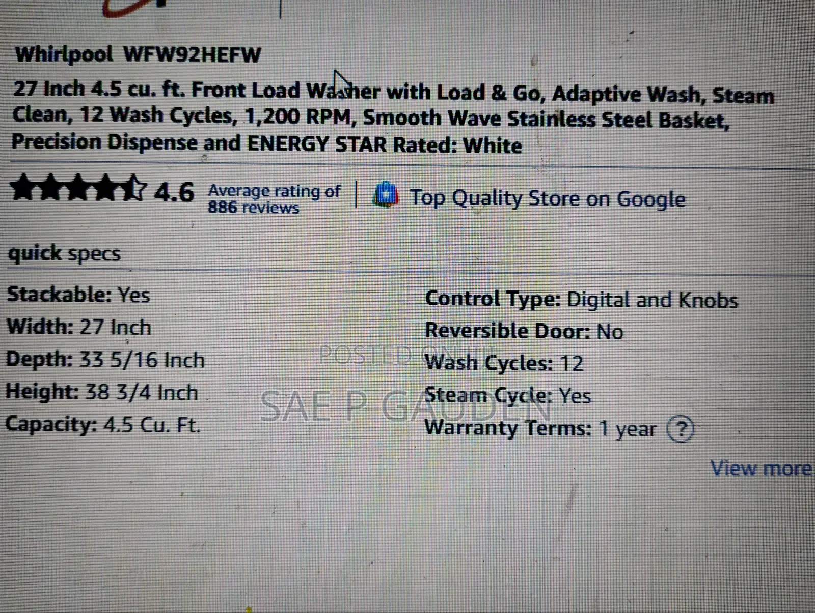 Whirlpool Washer for Sale - Repair Needed
