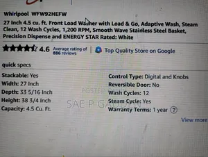 Whirlpool Washer for Sale - Repair Needed
