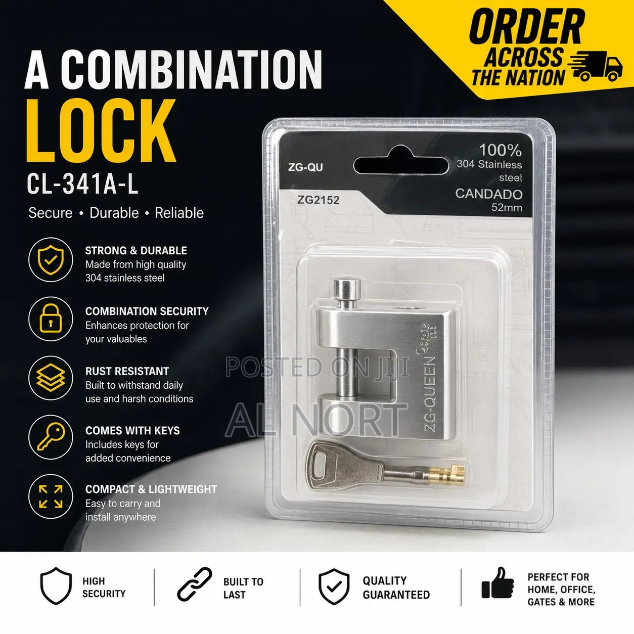 Zg-Queen 52mm Stainless Steel Security Padlock With Keys – Silver