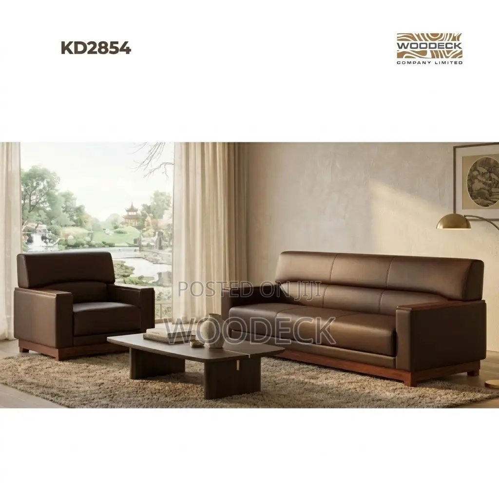 3+1+1 Brown Leather Sofa Set With Wooden Frame