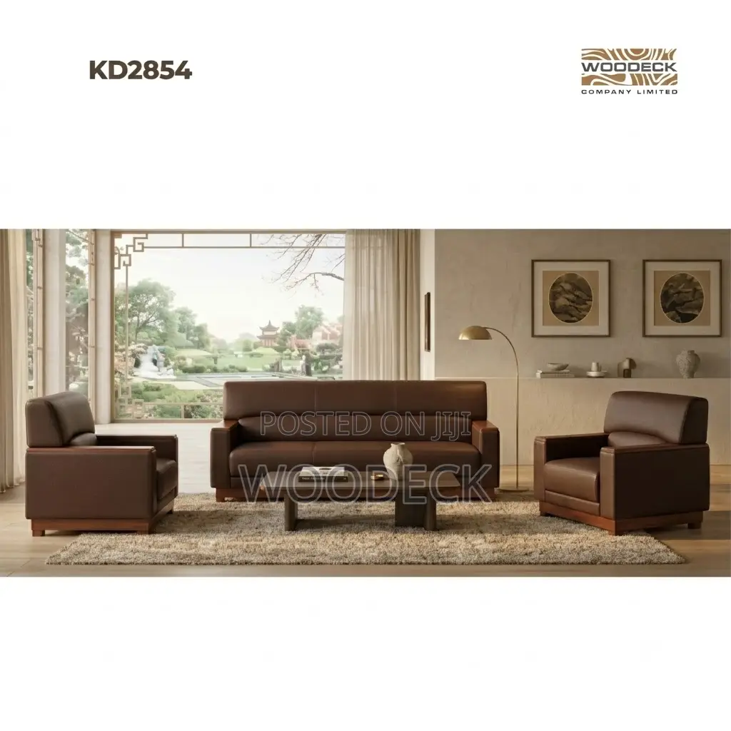 3+1+1 Brown Leather Sofa Set With Wooden Frame