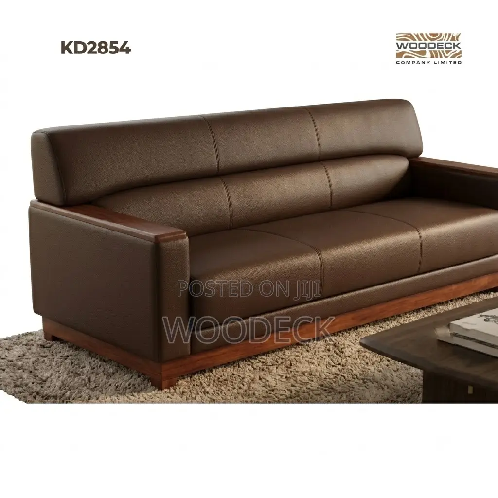 3+1+1 Brown Leather Sofa Set With Wooden Frame
