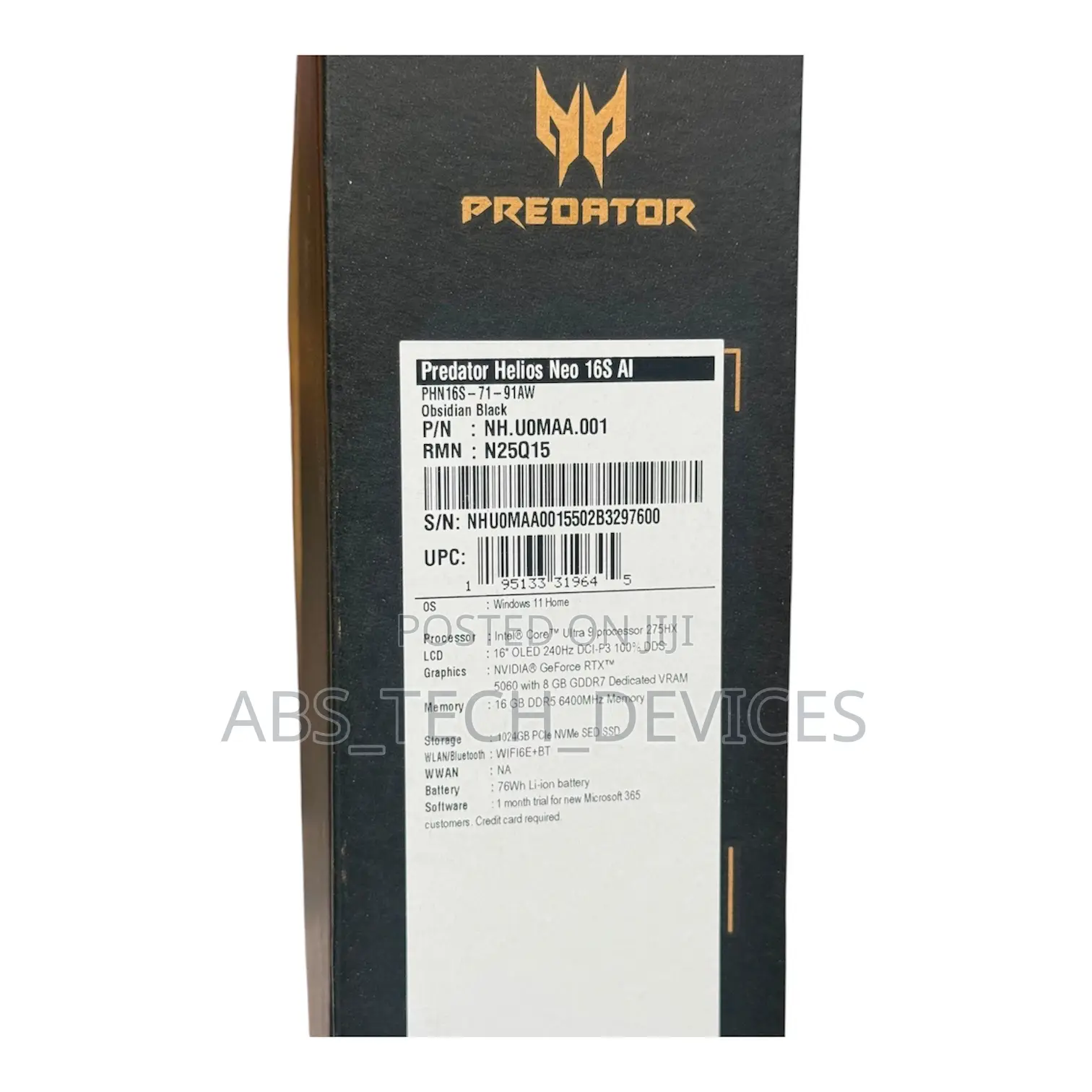 New Laptop Acer Predator Helios 16 AI 16GB Intel Core Ultra 9 SSD 1T