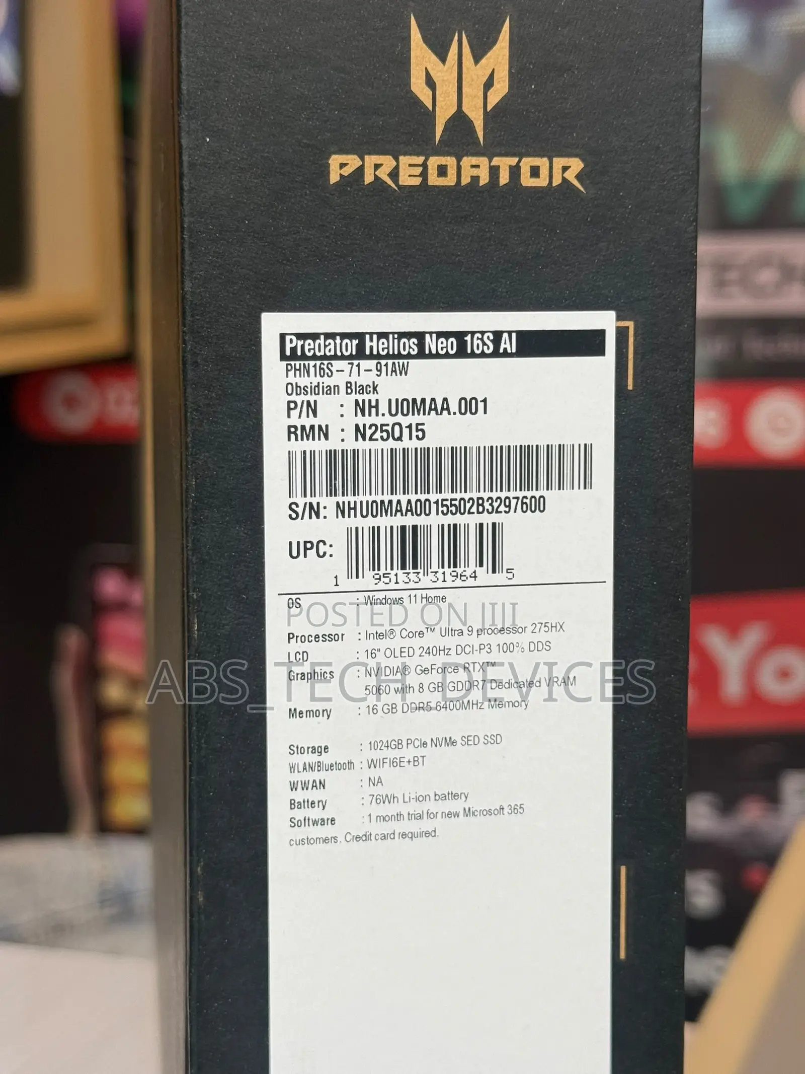 New Laptop Acer Predator Helios 16 AI 16GB Intel Core Ultra 9 SSD 1T