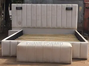 Cream Color Queen Size Bed Frame With One Side Drawer and Ottoman