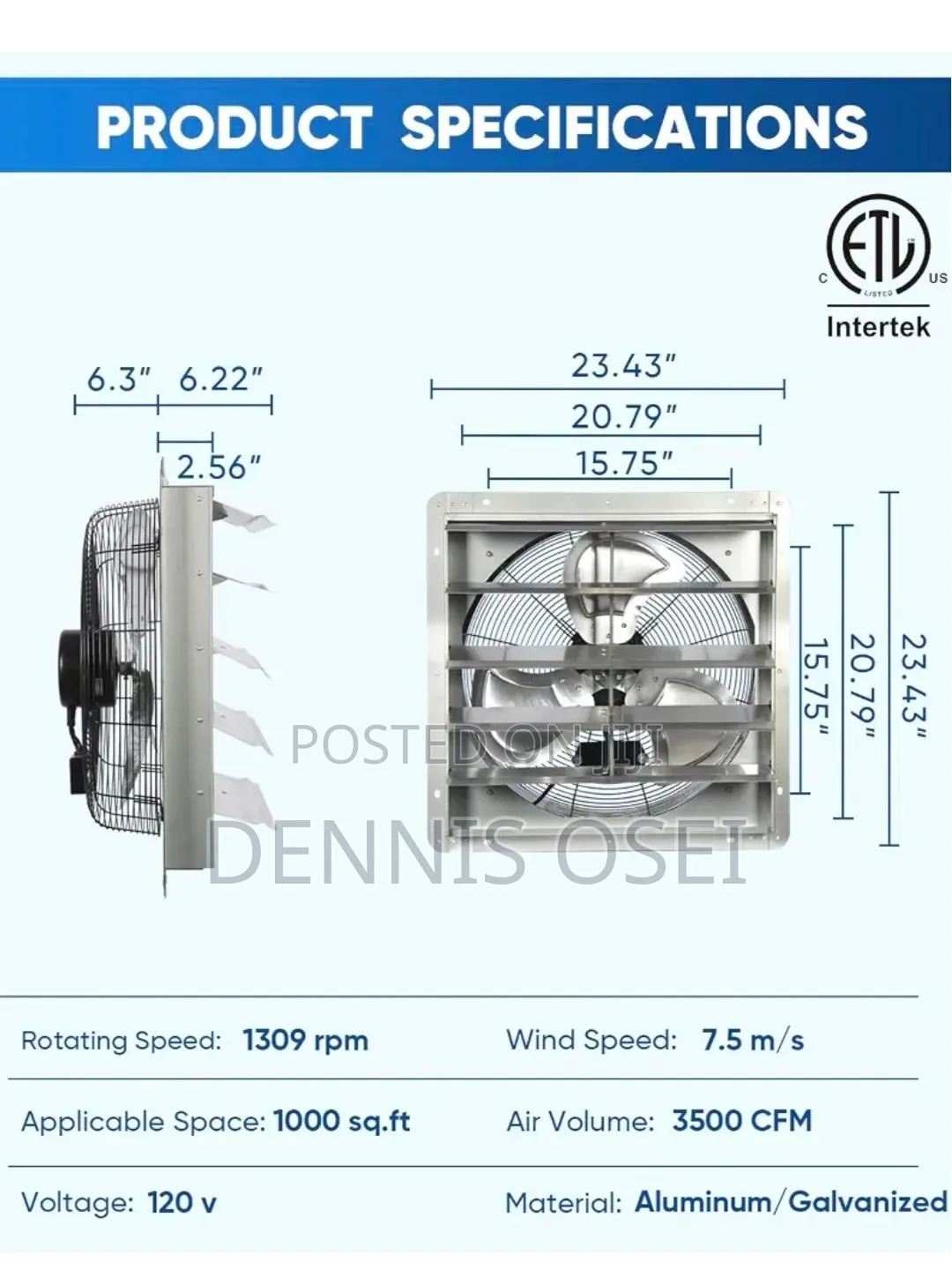 Ken Brown 20 Inch Shutter Exhaust Fan With 1.65 Meters Power Cord