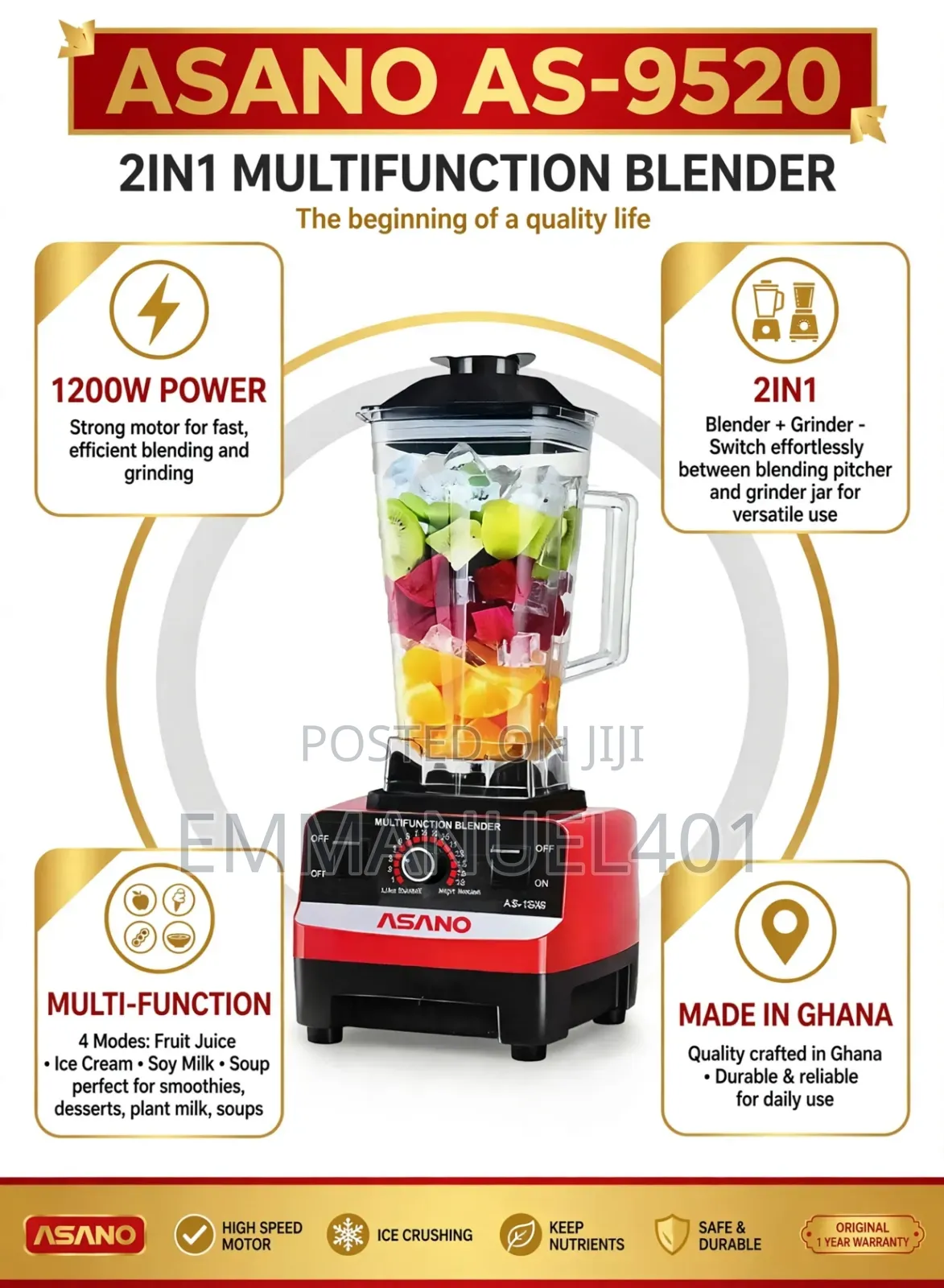 Asano 2-in-1 Multifunction High-Speed Blender (1200w) – As-9520