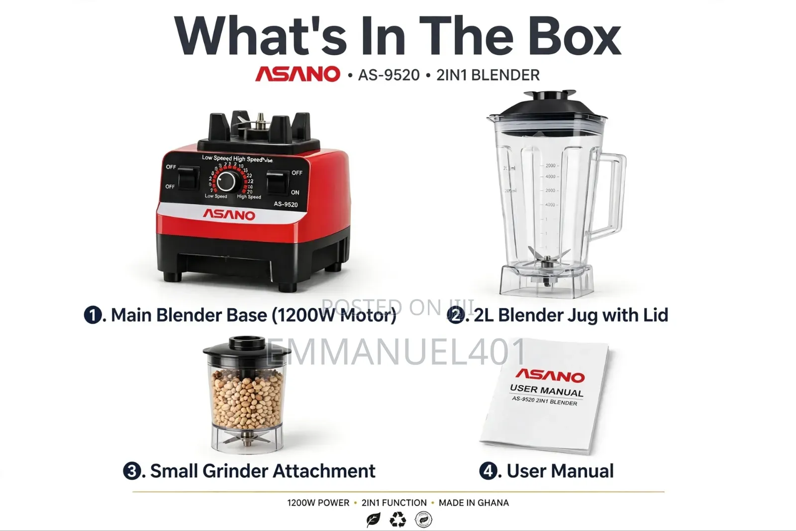 Asano 2-in-1 Multifunction High-Speed Blender (1200w) – As-9520