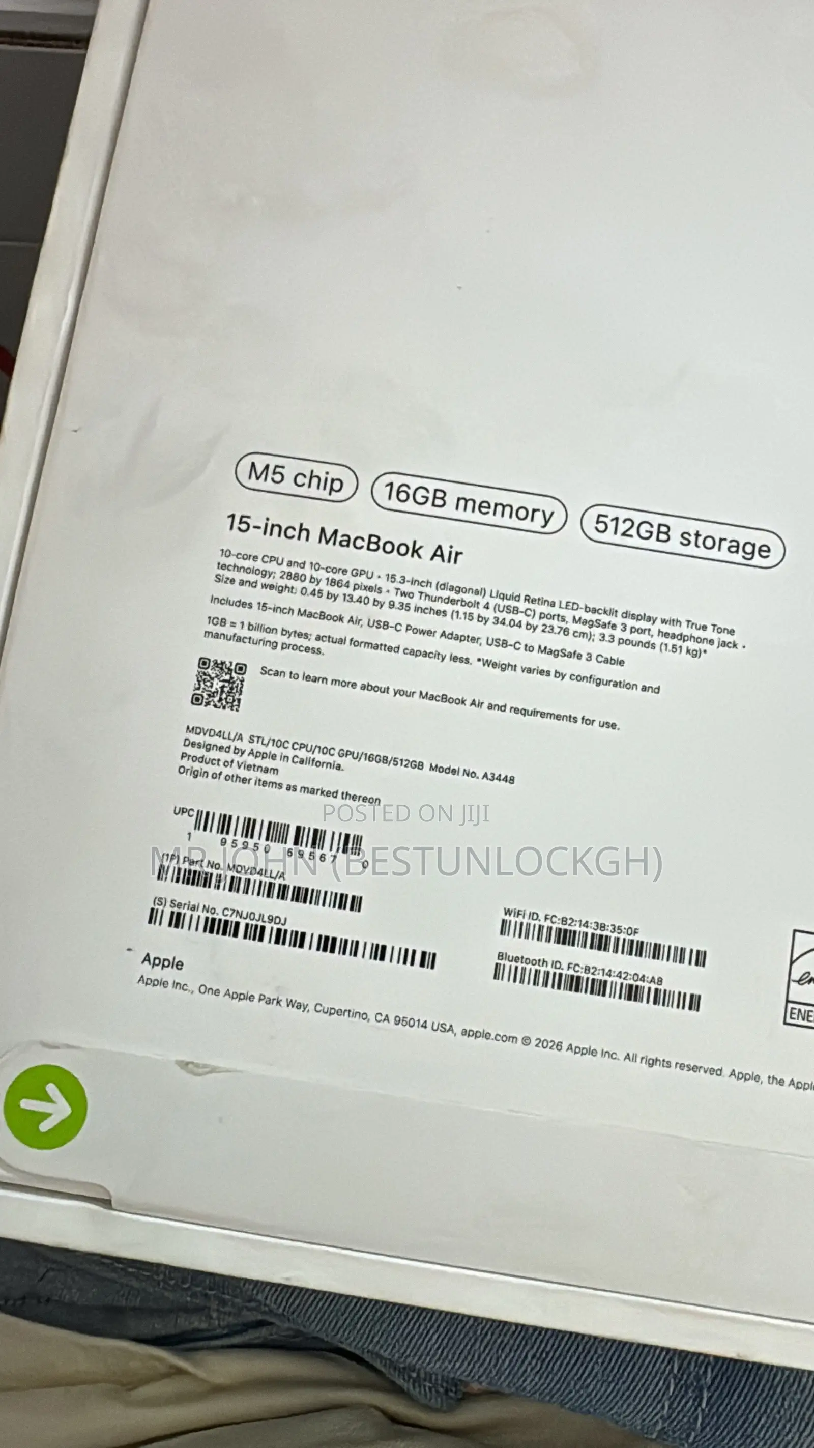 New Laptop Apple MacBook Air 2026 M5 16GB Apple M5 SSD 512GB