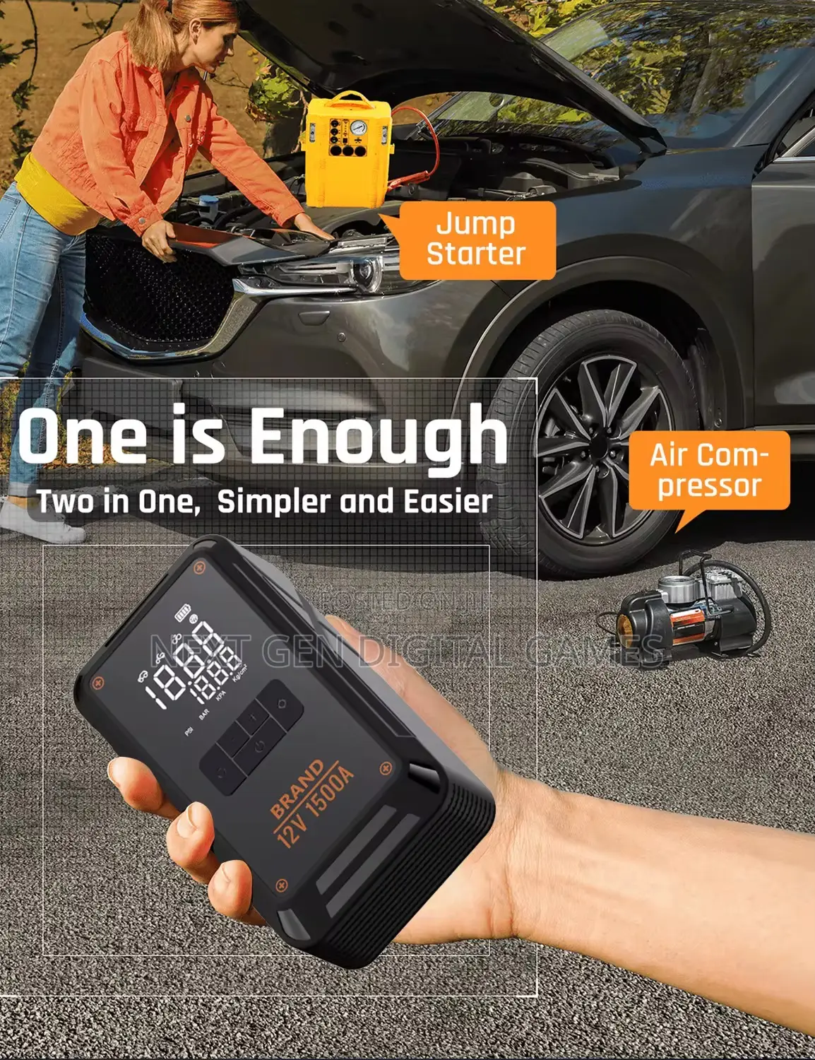 Car Battery Jumpstarter With Tyre Inflator and Power Bank