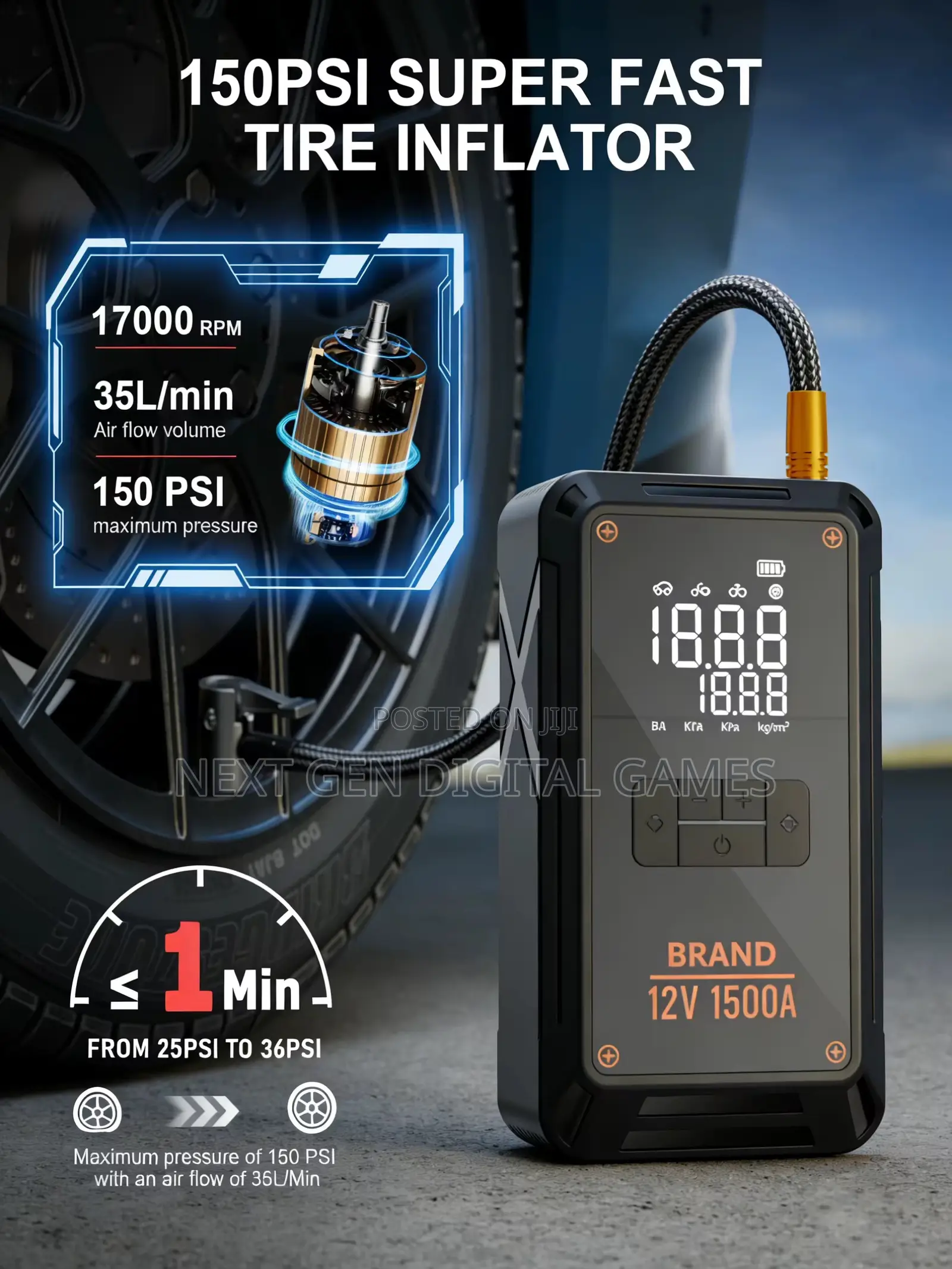 Car Battery Jumpstarter With Tyre Inflator and Power Bank