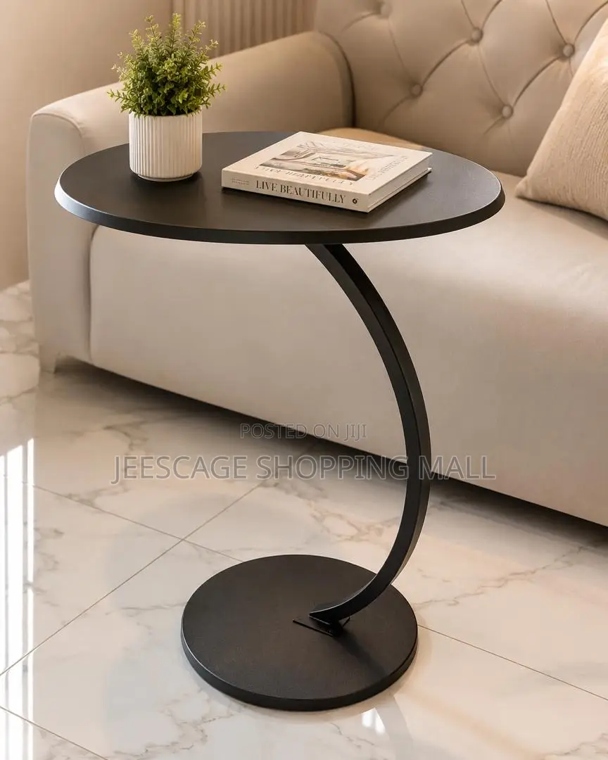 Modern Matte Black Round Side Table With Curved Base