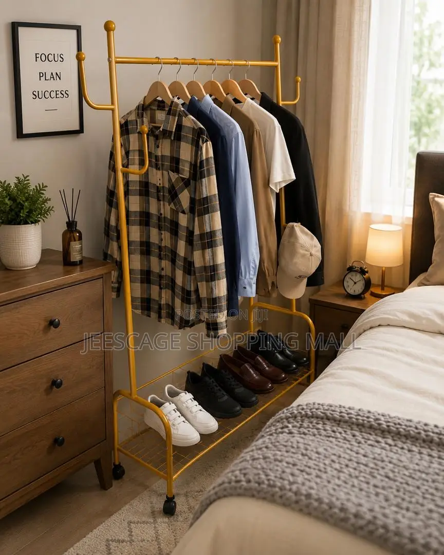 Small Size Gold Metal Rolling Garment Rack With Shoe Shelf and Side