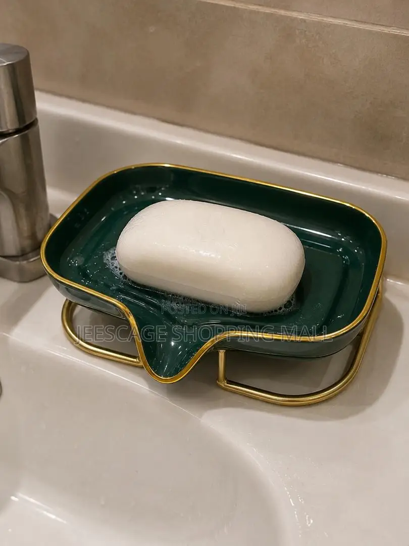 Elegant Emerald Green Gold Draining Soap Dish With Metal Stand